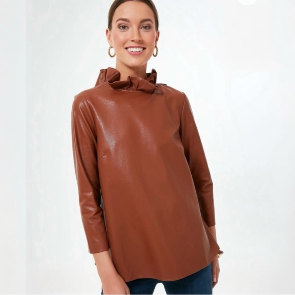 Tuckernuck Cognac Leather Faye Blouse
XS Ruffle Bow Neck Back Long Sleeve - Picture 2 of 10